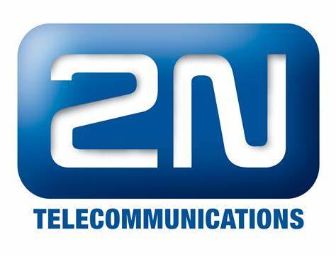 A blue and white logo of 2 n telecommunications.
